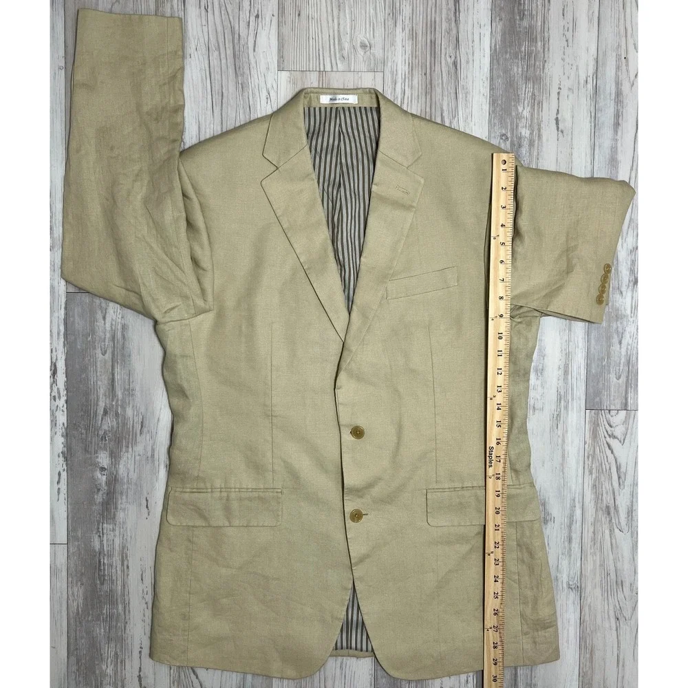 Calvin Klein Mens Linen‎ Beige Blazer Jacket 40L Two Button Striped Lined